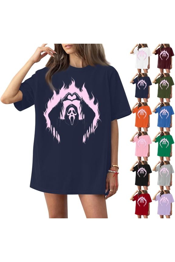 Ghostface Women's T-Shirt, Retro Heart Hands Graphic Print with Pink Flame, Spooky Cute Aesthetic Short Sleeve Crewneck Top