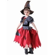 Youpwaven Halloween Girls Whimsical Witch Costume, Kids Patchwork Scarecrow Dress with Magic Hat, 2-Piece Vintage Performance Suit, Sizes 6-14