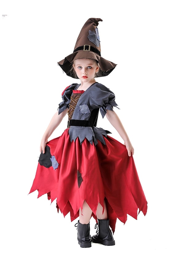 Halloween G'i'rls Whimsical Witch Costume, K'i'ds Patchwork Scarecrow Dress with Magic Hat, 2-Piece Vintage Performance Suit, Sizes 6-14