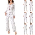 thumbnail image 1 of Youpwaven Heart Print Cute Womens Fall Pajamas - Slim Fit Ruffled Valentine’s Pajama Sleep Sets for Women - All Over Heart Print Pjs with Bows, Black, Size L, 1 of 6