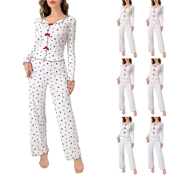 Youpwaven Heart Print Cute Womens Fall Pajamas - Slim Fit Ruffled Valentine’s Pajama Sleep Sets for Women - All Over Heart Print Pjs with Bows, Black, Size L