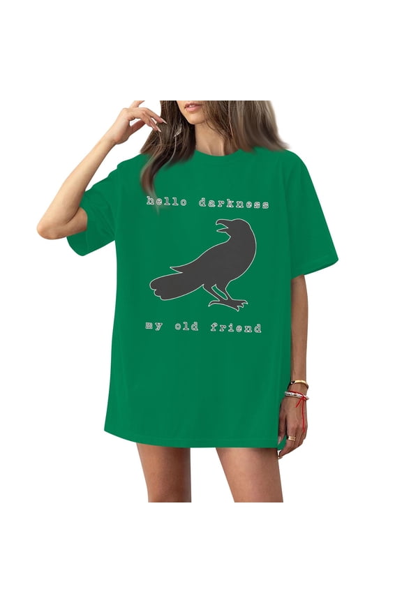 Hello Darkness My Old Friend Graphic Tee, Women's Aesthetic Raven T-Shirt, Casual Short Sleeve Bird Print Top, Minimalist Goth Style Summer Shirt