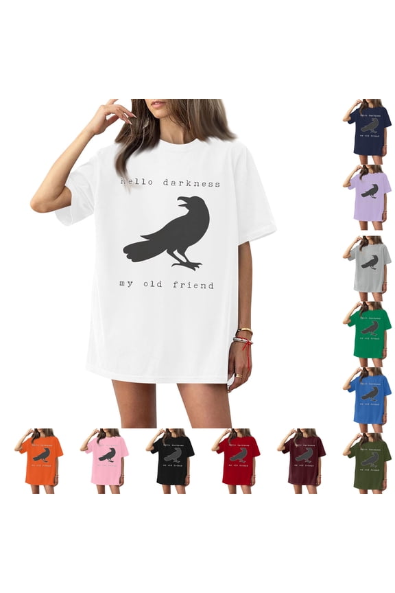 Hello Darkness My Old Friend Graphic Tee, Women's Aesthetic Raven T-Shirt, Casual Short Sleeve Bird Print Top, Minimalist Goth Style Summer Shirt