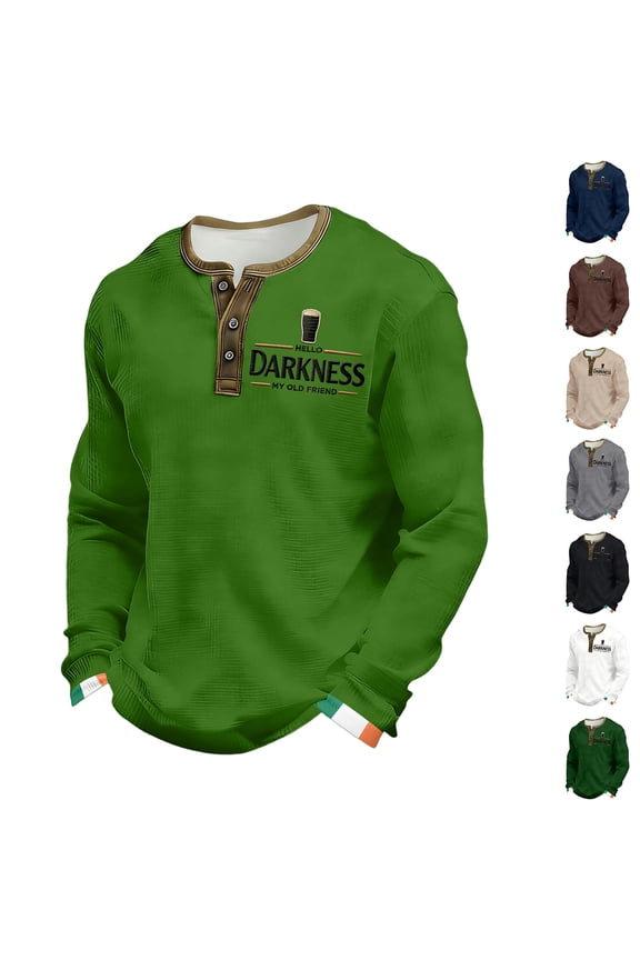 Hello Darkness My Old Friend Men's Waffle Knit Henley Shirt, Funny Beer Print Tee, Casual Long Sleeve St. Patrick's Day Top, Humorous Athletic Fit Pub Style Shirt