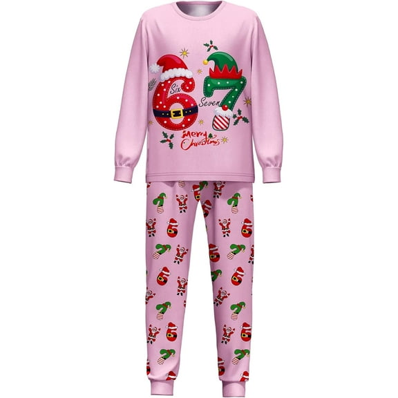 Youpwaven K’i’ds 67 Meme Graphic Sleepwear Sets Shirts & Pants 2-Piece Pajamas Set B'o'ys G'i'rls Teens Six Seven Holiday Christmas Pajamas Casual Clothes Outfits, Pink