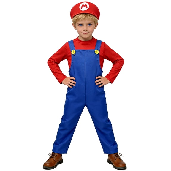 Youpwaven K'i'ds Plumber Brother Costume, Video Game Inspired Cosplay Outfit, Halloween Party Performance Suit with Overalls, Hat, Gloves and Moustache Size 3-14