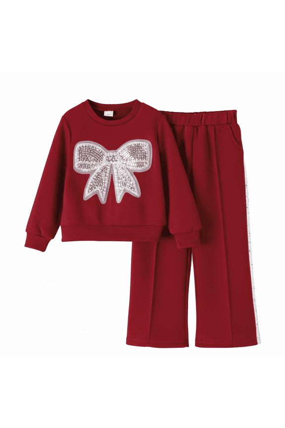 Little G'i'rls 2-Piece Outfit Set, Long Sleeve Sweatshirt with Sequin Bow and Sequin Trim Wide Leg Pants, Sizes 4-7Y