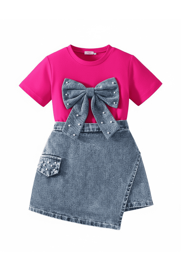 Little G'i'rls 2-Piece Outfit Set, Short Sleeve T-Shirt with Large Denim Bow and Pearl Denim Skirt, Sizes 2-7Y