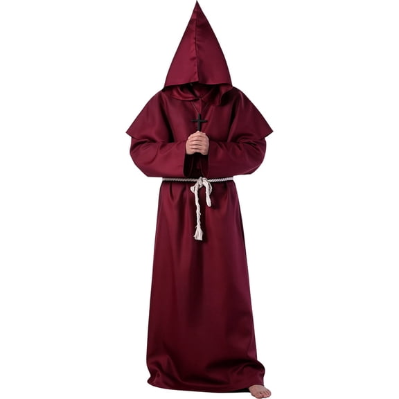 Youpwaven Medieval Renaissance Monk Hooded Robe Priest Friar Costume Wizard Cloak for Halloween Cosplay