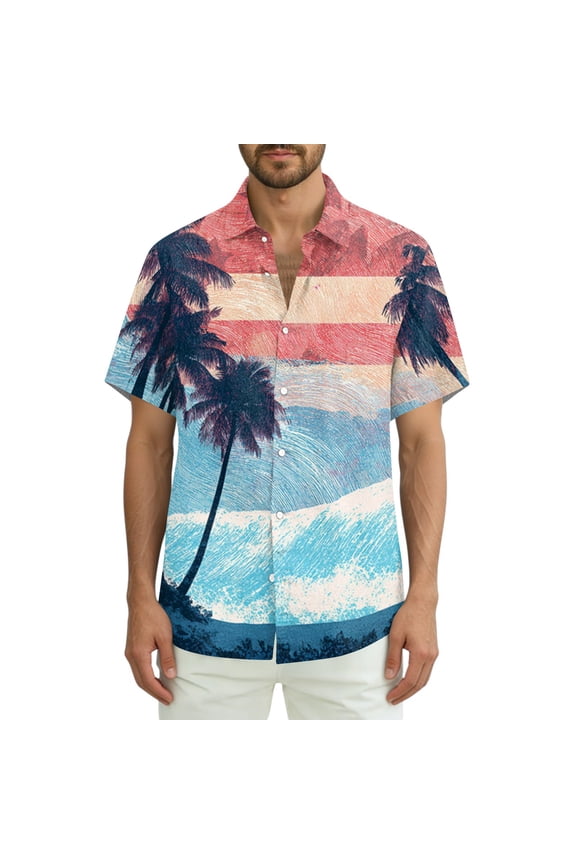 Men's USA 250th Anniversary Hawaiian Shirt, Patriotic American Flag & Palm Tree Graphic Short Sleeve Button Down, Summer Independence Day Tropical Top M-3XL