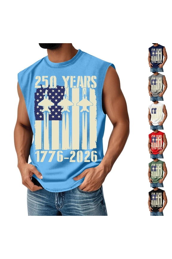 Men's USA 250th Anniversary Tank Top, Jet Fighter & American Flag Graphic Muscle Shirt, Independence Day 1776-2026 Patriotic Sleeveless Tee S-3XL