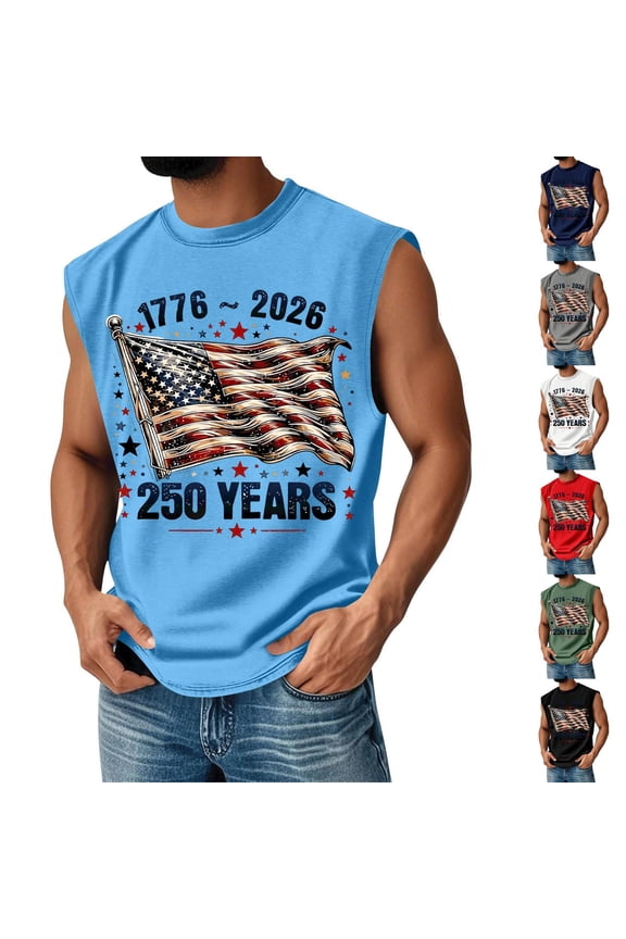 Men's USA 250th Anniversary Tank Top, Waving American Flag & Stars Graphic Muscle Shirt, Independence Day 1776-2026 Patriotic Sleeveless Tee S-3XL