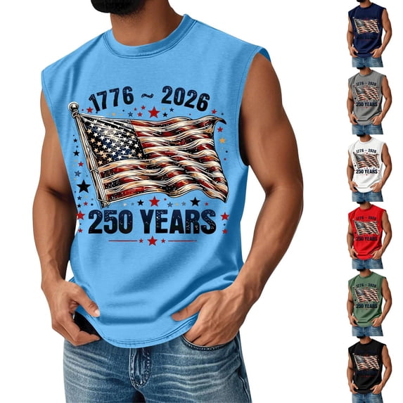 Youpwaven Men's USA 250th Anniversary Tank Top, Waving American Flag & Stars Graphic Muscle Shirt, Independence Day 1776-2026 Patriotic Sleeveless Tee S-3XL