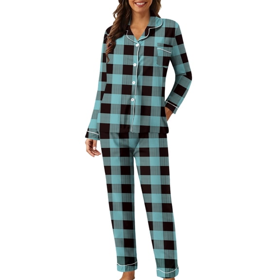 Youpwaven Plaid Pajamas Matching Sets for Women Cozy Lapel Long Sleeve Cardigan Fall Winter Home Sleepwear Button Down Loungewear Nightwear Homewear, 2-Piece, Blue, Size XXL