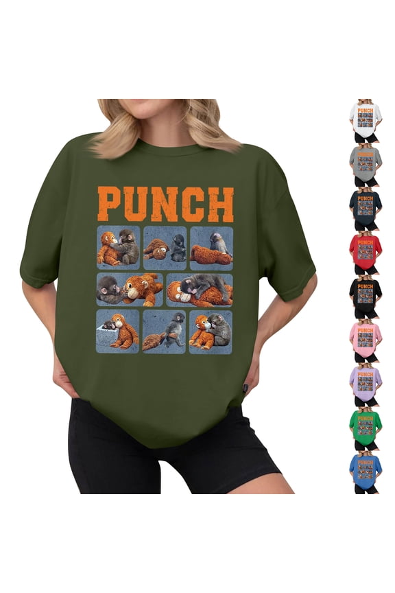 Punch the Monkey Women's Graphic T-Shirt, Cute Monkey & Gorilla Plushie Interaction Short Sleeve Crewneck Tee, Casual Fashion Summer Top S-2XL