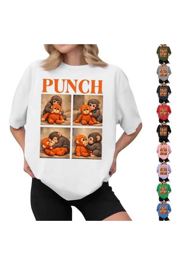 Punch the Monkey Heartwarming Graphic T-Shirt, Cute Monkey Hugging Gorilla Plushie Round Neck Tee, Soft Cotton Blend Casual Summer Apparel