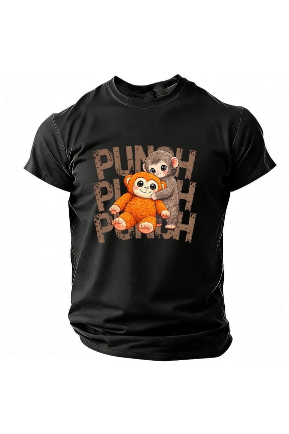 Punch the Monkey Men's Graphic T-Shirt, Cute Monkey Illustration Short Sleeve Crewneck Tee, Team Punch Casual Cotton Blend Top S-4XL