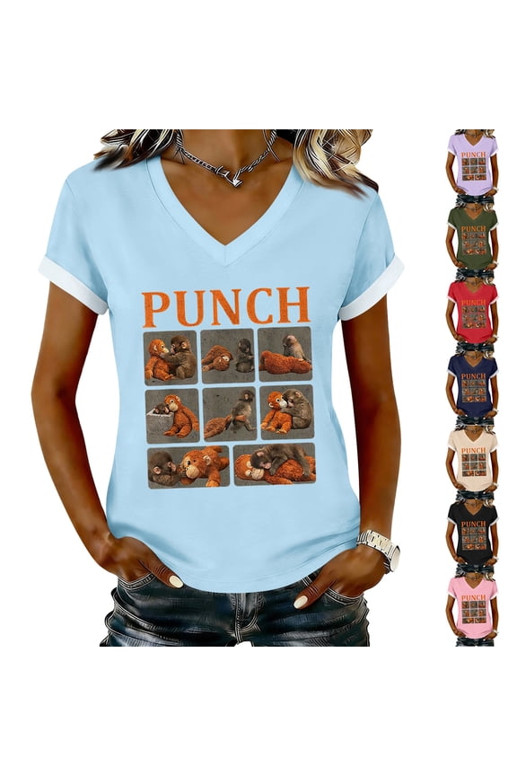 Punch the Monkey V-Neck T-Shirt for Women, Artistic Monkey & Gorilla Graphic Short Sleeve Tee with Contrast Cuffs, Casual Daily Top