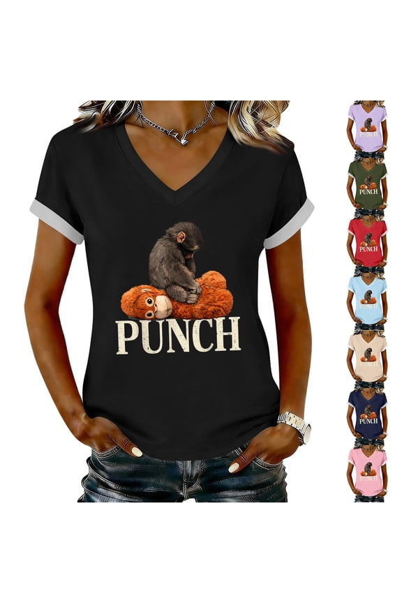 Punch the Monkey Women's Fashion Tee, Heartwarming Monkey & Gorilla Plush Print V-Neck Shirt, Unique Animal Lover Graphic Top
