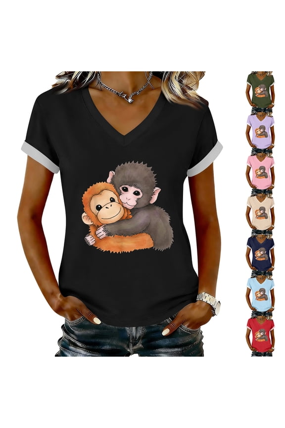 Punch the Monkey Women's V-Neck Tee, Cute Monkey Hugging Gorilla Graphic Top, Fashion Casual Short Sleeve T-Shirt for Women