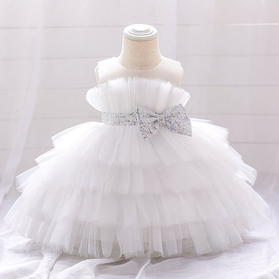 Youpwaven Todd'l'er G'i'rls Tutu Birthday Dress with Sequin Bow Sleeveless Princess Birthday Party Wedding Tulle Sundress for Todd'l'er G'i'rls 3T, White