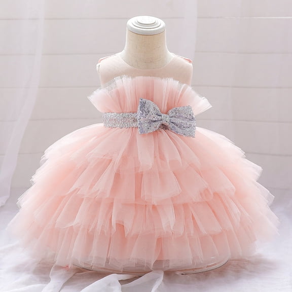 Youpwaven Todd'l'er G'i'rls Tutu Birthday Dress with Sequin Bow Sleeveless Princess Birthday Party Wedding Tulle Sundress for Todd'l'er G'i'rls 4T, Pink