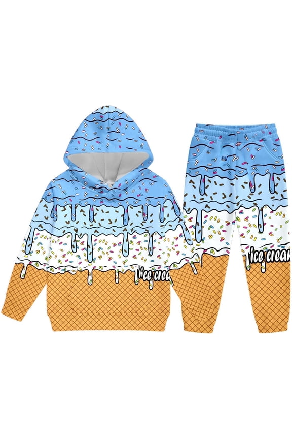 Unisex Ice Cream Sweatsuit 2 Piece Clothing Set Cute Preppy Ice Cream Drip Print Hoodie and Sweatpants Outfits Set for B'o'ys G'i'rls, Size 3-14Y