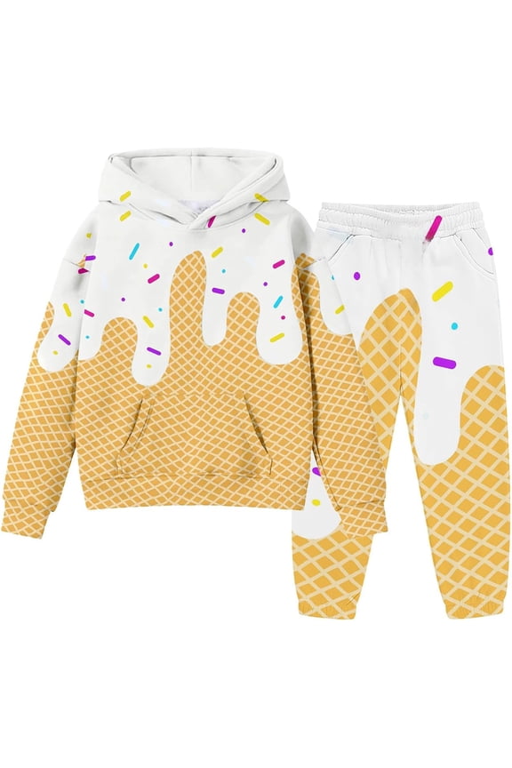 Unisex Ice Cream Sweatsuit 2 Piece Clothing Set Cute Preppy Ice Cream Drip Print Hoodie and Sweatpants Outfits Set for B'o'ys G'i'rls, Size 3-14Y