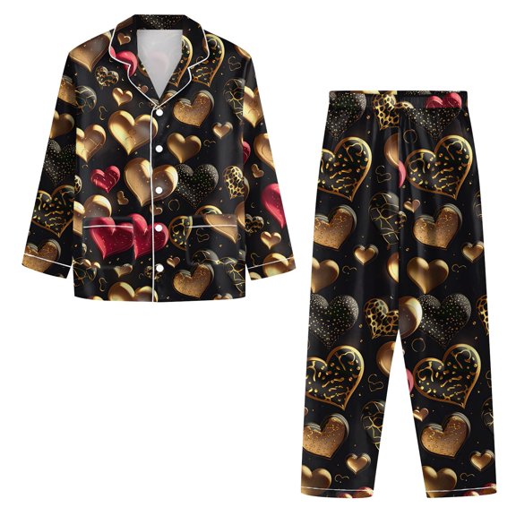 Youpwaven Valentine's Day Button Down Pajamas Matching Sets for Womens Winter Home Leisure Loose Heart Print Notch Collar Sleep Lounge Set, 2-Piece, Black, Size L