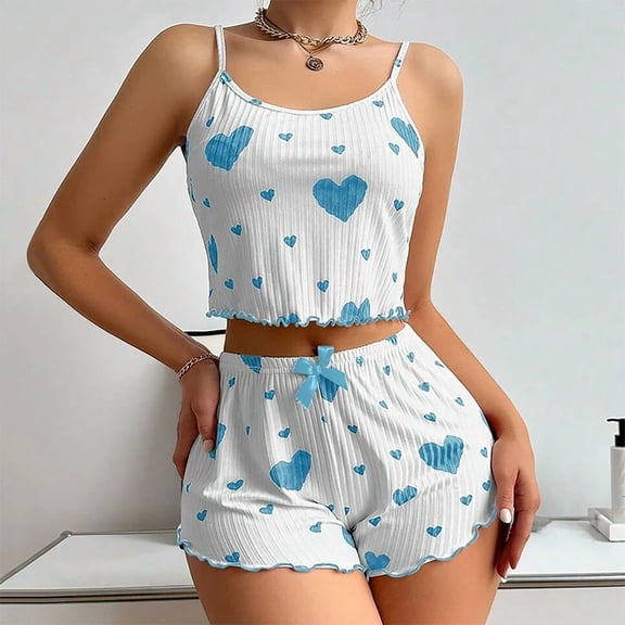 Youpwaven Valentine's Day Heart Print Alluring Nightwear Set 2-Piece Women's Sleeveless Home Clothes Set Embellished Sling Cami Fitted Shorts Sexy Pajamas Homewear Sleepwear Suit for Women Size S-XL