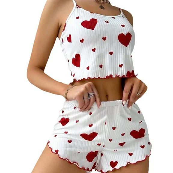 Youpwaven Valentine's Day Heart Print Alluring Nightwear Set 2-Piece Women's Sleeveless Home Clothes Set Embellished Sling Cami Fitted Shorts Sexy Pajamas Homewear Sleepwear Suit for Women Size S-XL