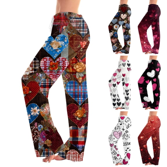 Youpwaven Valentine's Day Sweet Heart Pattern Sleep Pants for Women - Breathable Lounge Pants, Drawstring Waist Wide Leg Relaxed Fit Night Pants