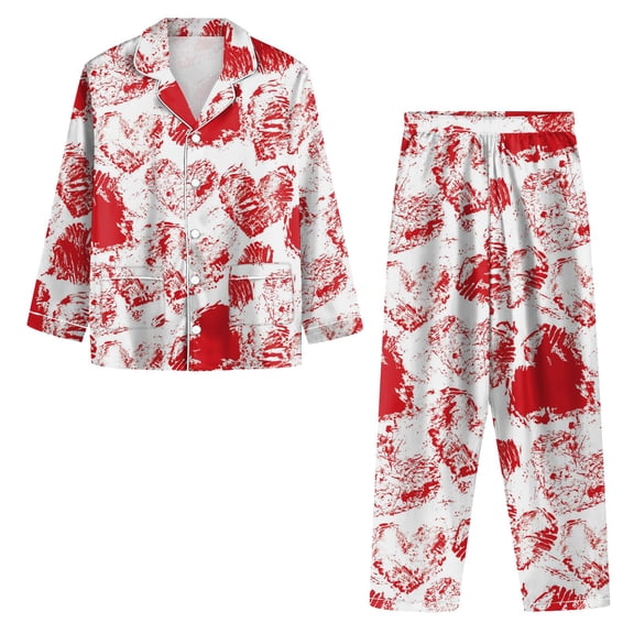 Youpwaven Valentines Button Down Pajamas for Women - 45-Piece Notch Collar Red Heart Print Sleepwear with Pockets - Long Sleeve Top & Pants for Women, Red, Size L
