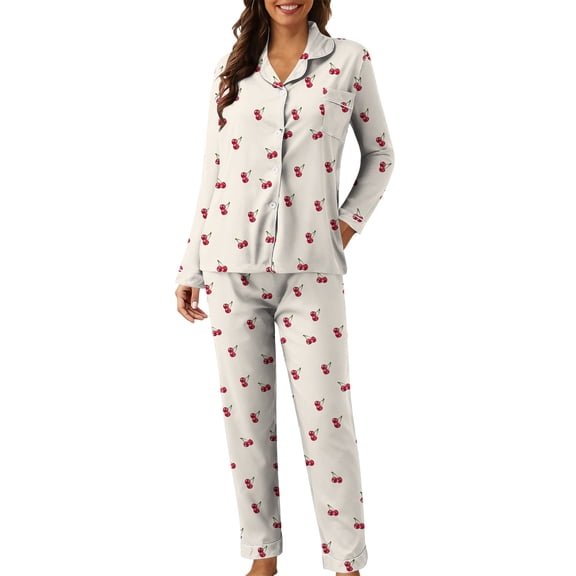 Youpwaven Valentines Pajamas Set for Womens Cherry Print Soft Breathable Milk Silk Button up Collared Sleepwear, 2-Piece, Size XL