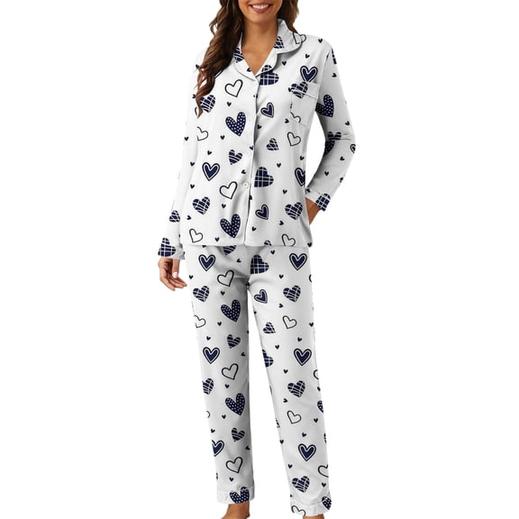 Youpwaven Valentines Pajamas for Women Button Down Pjs for Women Valentine Day Sleepwear Notch Collar Heart Print Tops with Pocket & Pants, 2-Piece, Navy, Size M
