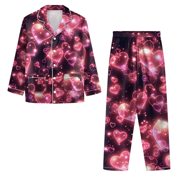 Youpwaven Valentines Pajamas for Women Heart Printed Long Sleeve Lapel Breathable Valentines Notch Collar Loungewear Button Down Pjs Sleepwear, Black & Pink, Size XXXL