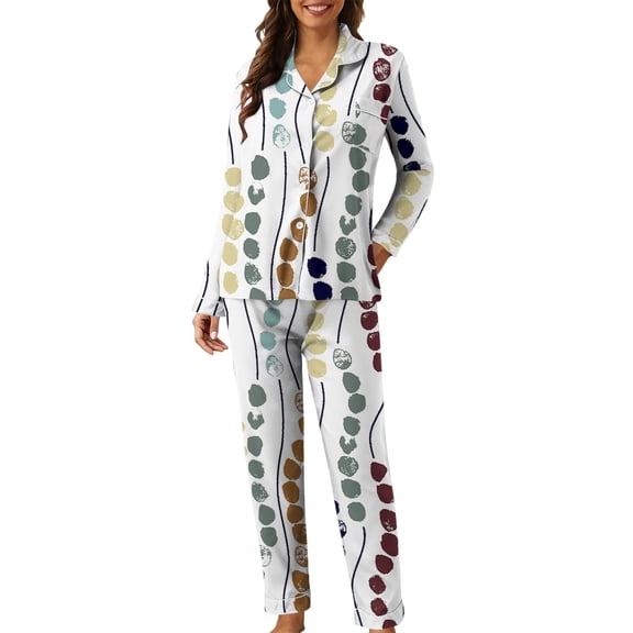 Youpwaven Vintage Dots & lines Print Womens Pajama Sets, Long Sleeve Button Down Sleepwear Set Notch Collar 2 Piece Pjs for Women , Size XL