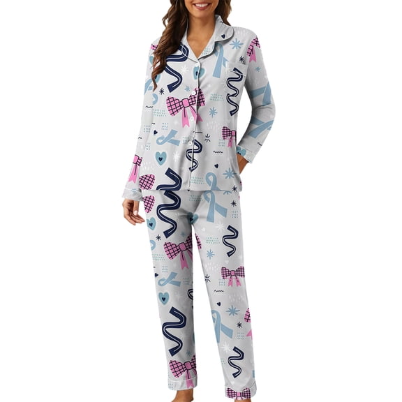 Youpwaven Women’s 2 Piece Pajama Set Long Sleeve Bows Print Pjs Sleepwear Button Up Lapel Shirt & Pants Sleep Set Loungewear with Pocket, Light Gray, Size XXL