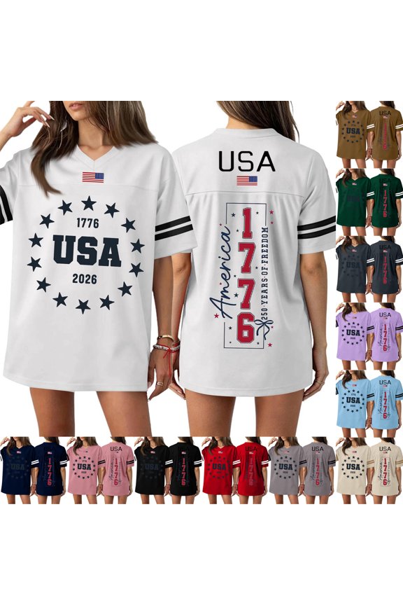 Women's 250th Anniversary USA Athletic Jersey Tee Shirt, 1776-2026 Betsy Ross Star Circle Graphic, Patriotic V-Neck Striped Short Sleeve Top