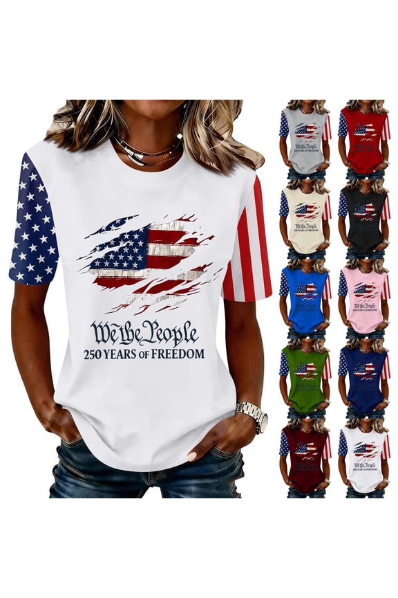 Women's 250th Anniversary USA Graphic T-Shirt, 2026 "We The People" Mismatched Sleeve Tee, Patriotic Ripped Flag Celebration Shirt, Independence Day Apparel