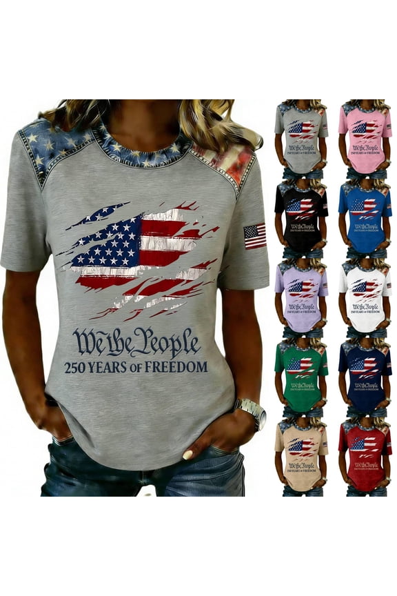 Women's 250th Anniversary USA T-Shirt, Patriotic We the People Distressed Flag Print Top, Independence Day Round Neck Short Sleeve Tee, 250 Years of Freedom Graphic Shirt