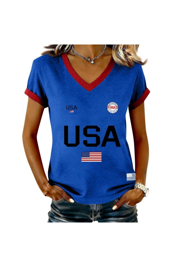 Women's 250th Anniversary USA T-Shirt, Patriotic USA Graphic V-Neck Top, Independence Day Short Sleeve Shirt with Sporty Contrast Trim, Commemorative Summer Tee