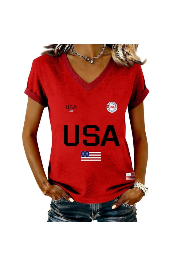 Women's 250th Anniversary USA T-Shirt, Patriotic USA Graphic V-Neck Top, Independence Day Short Sleeve Shirt with Sporty Contrast Trim, Commemorative Summer Tee