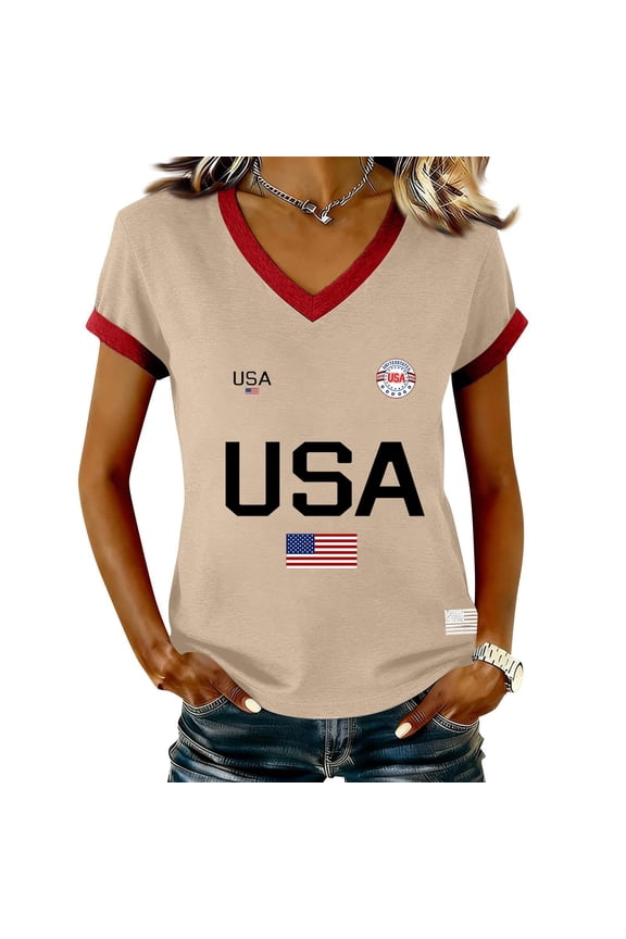 Women's 250th Anniversary USA T-Shirt, Patriotic USA Graphic V-Neck Top, Independence Day Short Sleeve Shirt with Sporty Contrast Trim, Commemorative Summer Tee