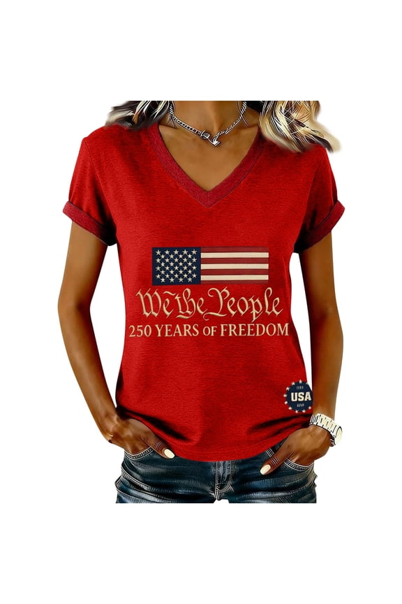 Women's 250th Anniversary USA T-Shirt, Patriotic "We the People" V-Neck Top, 250 Years of Freedom Independence Day Tee, Contrast Trim Short Sleeve Commemorative Shirt