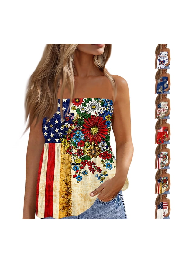 Women's 4th of July Independence Day Tube Top, Sexy Strapless Off Shoulder American Flag Print Shirt, Summer Sleeveless Patriotic Peplum Top, Soft Festive Party Apparel