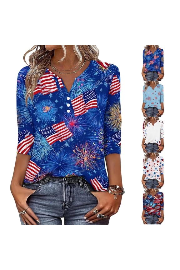 Women's 4th of July Stars Graphic Henley, Patriotic Independence Day 3/4 Sleeve V-Neck Casual Summer Top