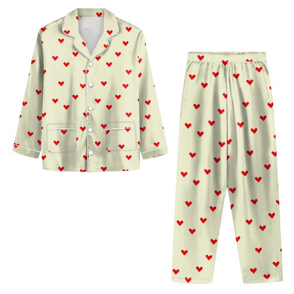 Youpwaven Women’s Button Down Pajamas Sets for Valentine's Day Womens Sleepwear Notch Collar Red Heart Print Loungewear Tops with Pockets & Pants, Yellow, Size S