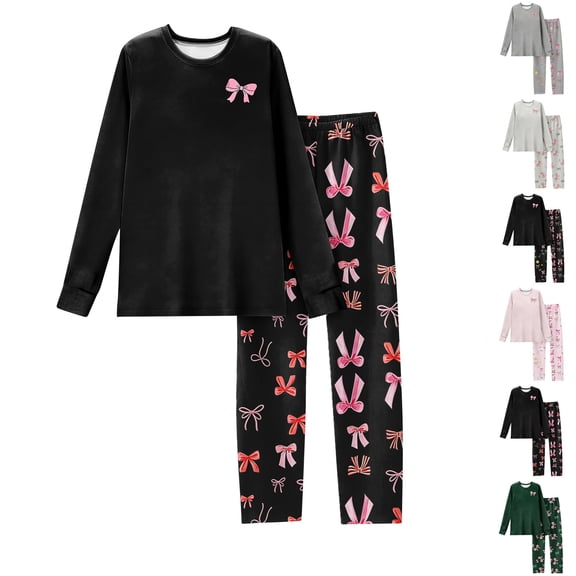 Youpwaven Women's Dreamy Soft Valentine's Day Bows Collection Pajama Sets Long Sleeve Sleep Top and Straight Leg Pants PJS Sets for Women, 2-Piece, Sizes S-3XL, Black