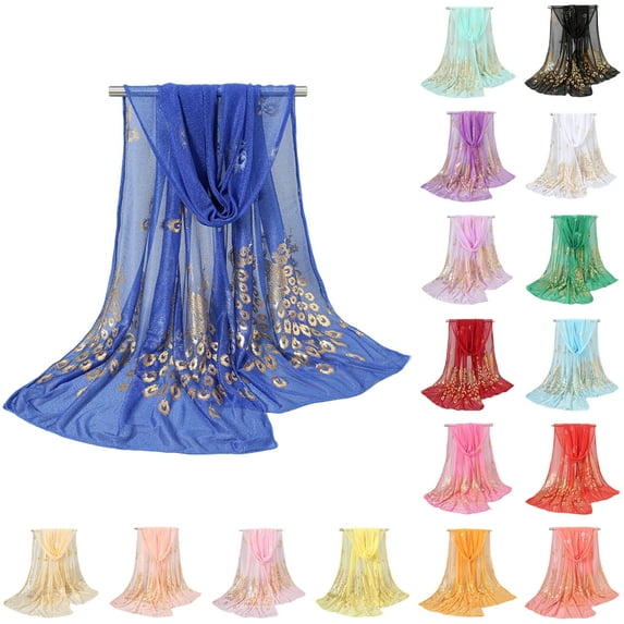 Youpwaven Women's Elegant Peacock Print Shawl with Gold Stamping, Lightweight Sheer Wrap for Evening Dresses, Sparkling Foil Peacock Feather Scarf, Versatile Soft Tulle Cape for Weddings and Parties